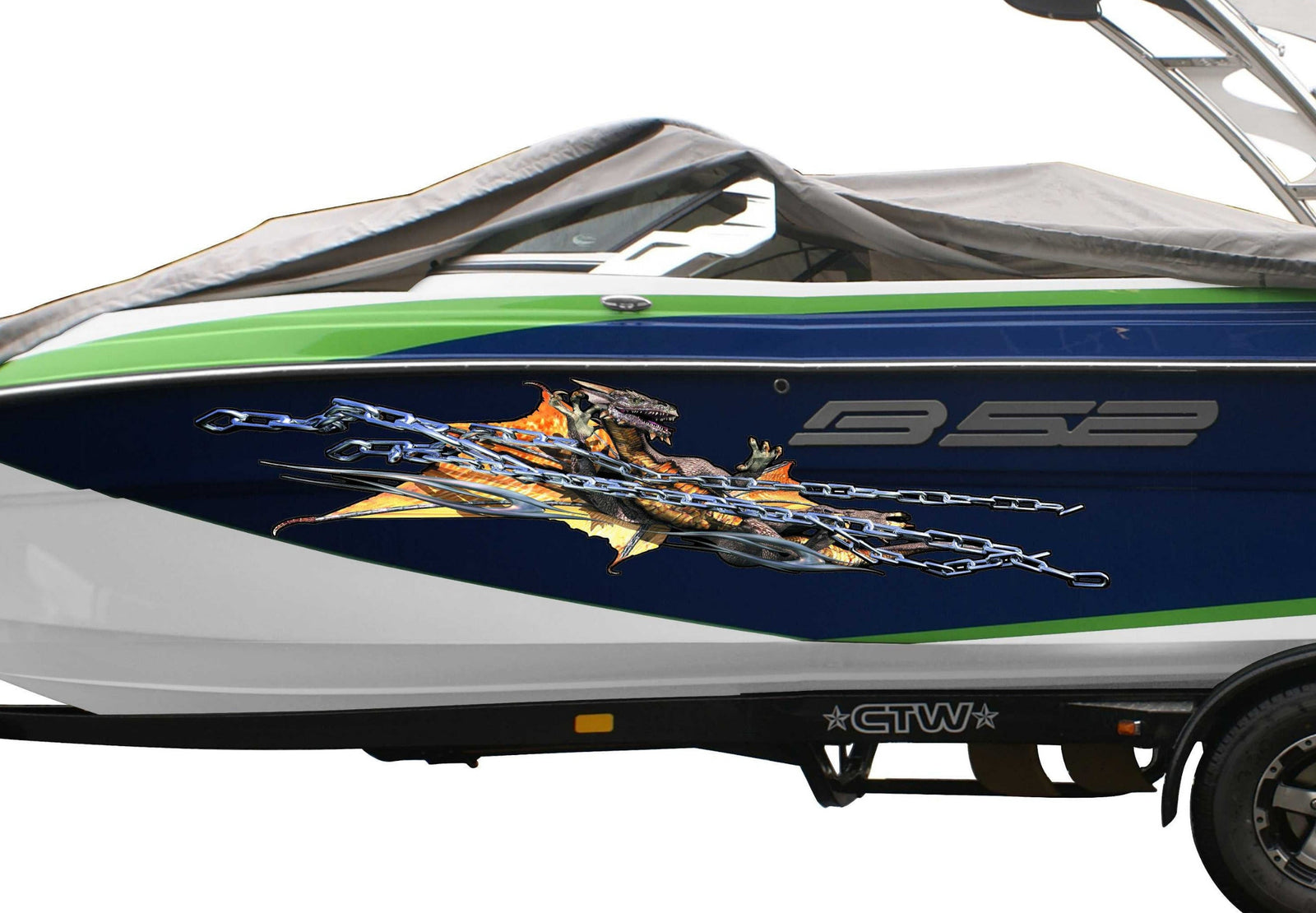 white boat with chained dragon vinyl graphics on its side