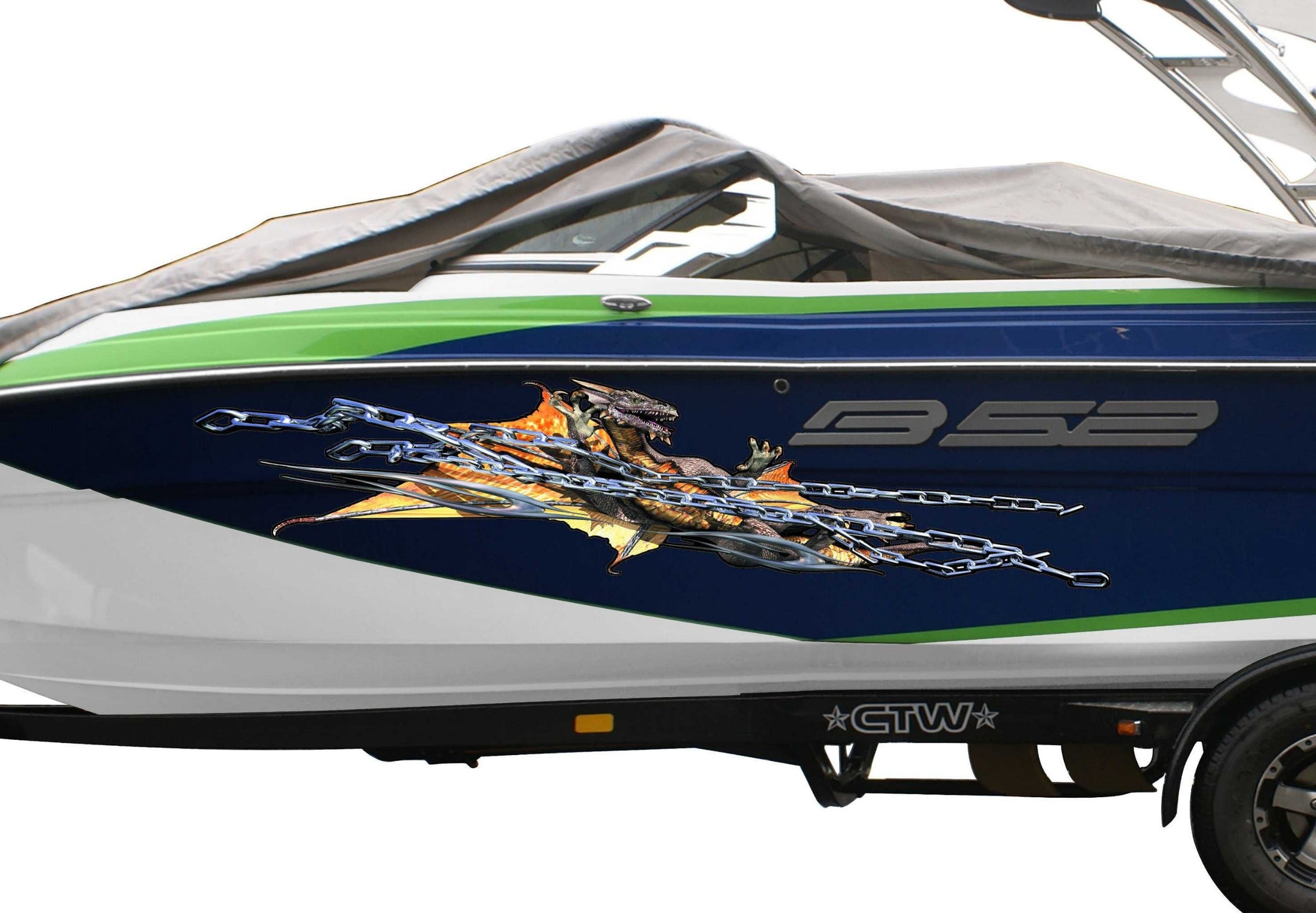 white boat with chained dragon vinyl graphics on its side