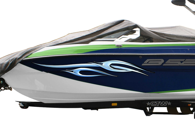 blue boat with chrome spear flames vinyl graphics on port side