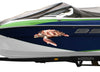 blue boat with sea turtle vinyl graphics on side