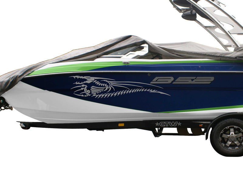 blue boat with silver dragon bones vinyl decal on port side