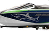 blue boat with silver vinyl cut shark decal on port side