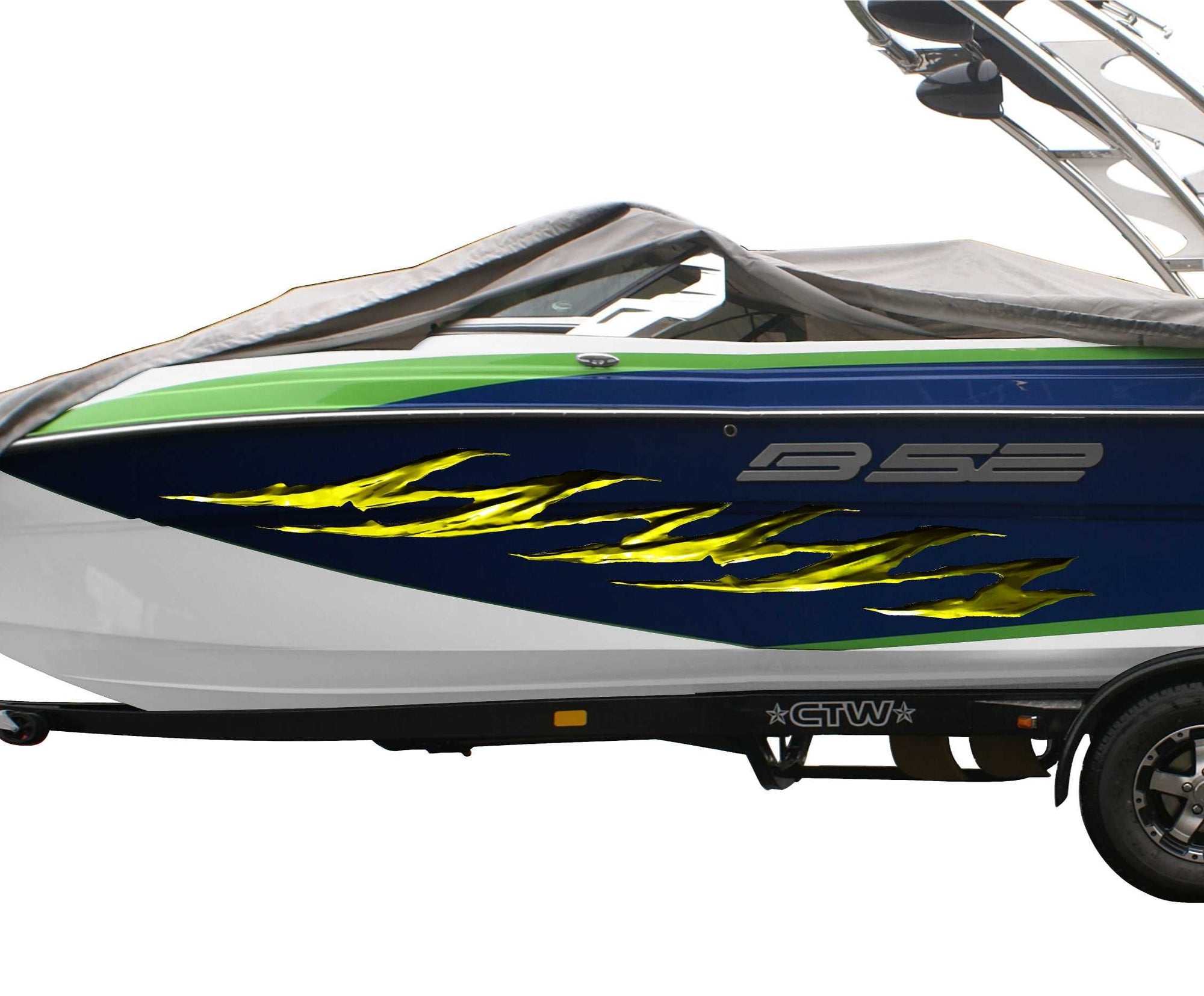 White speedboat with magenta jagged vinyl decals on its side