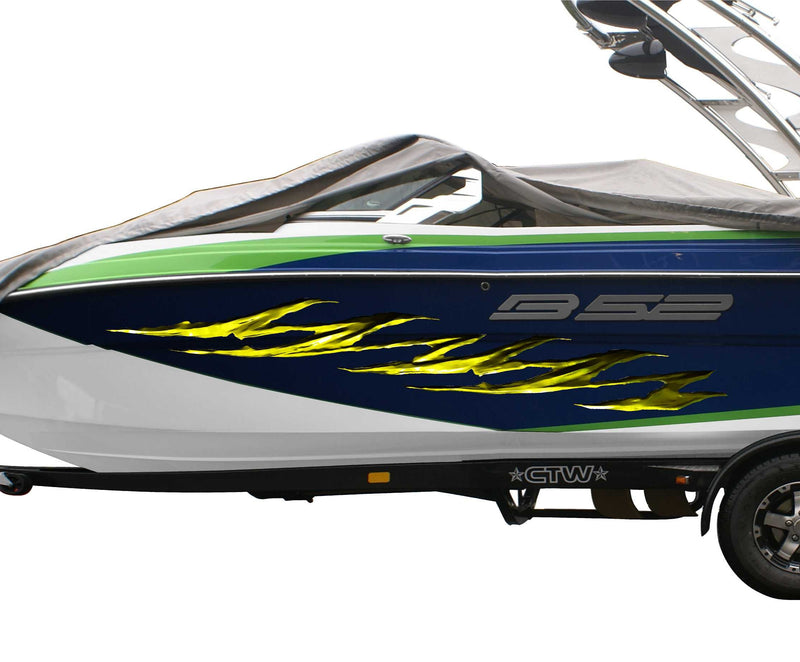 Waterski boat with colorful yellow jagged design on its side