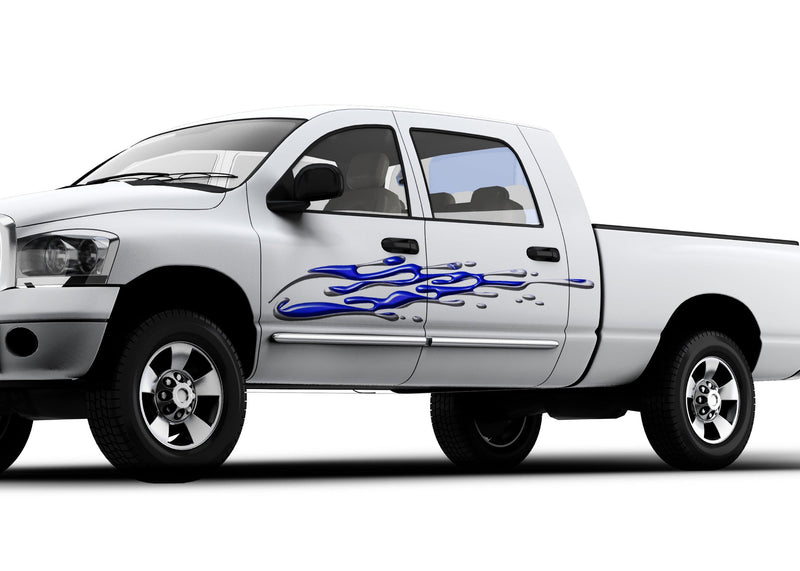 blue chrome mud splash vinyl decal on driver side of white pickup