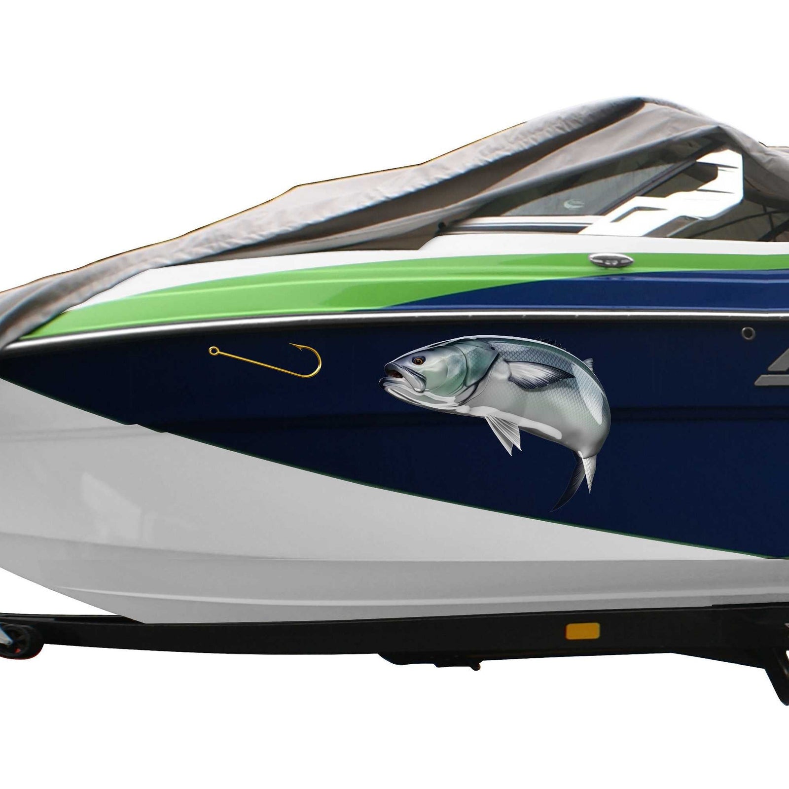 bluefish chasing gold fish hook decals on the side of boat