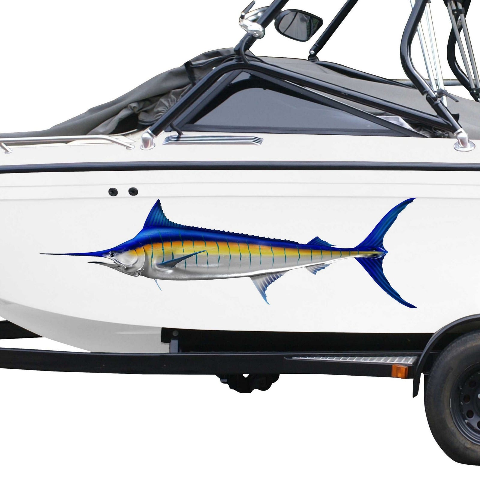 blue marlin swordfish decal on the side of a boat