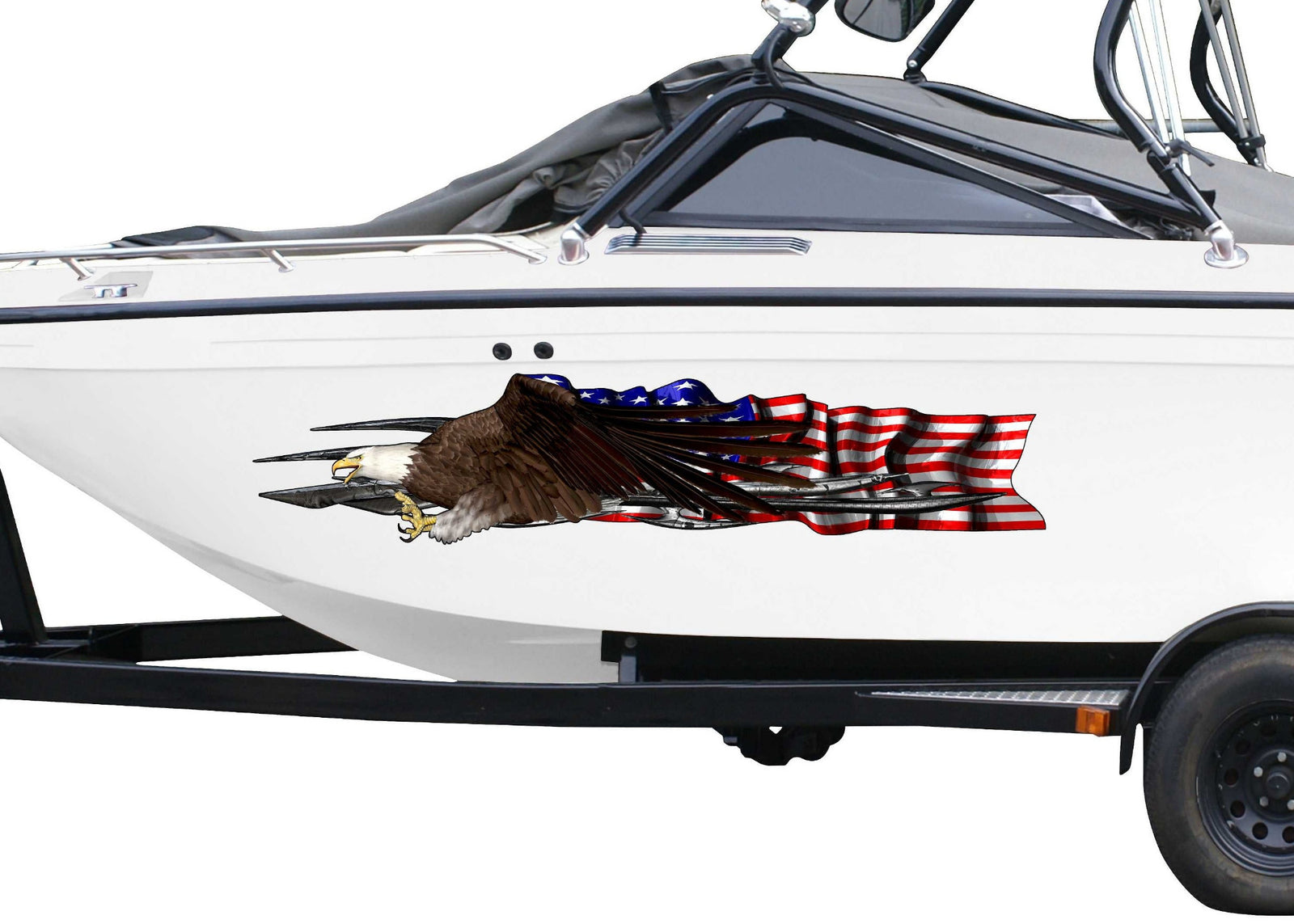 boat with bald eagle american flag large decal on port side