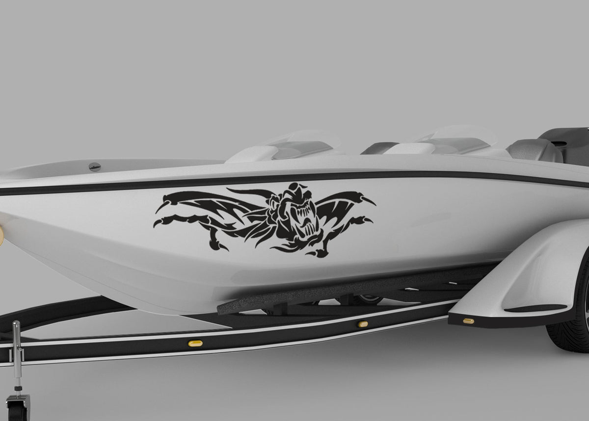 boat with black Oni Ryu Winged Dragon viniyl decal on port side