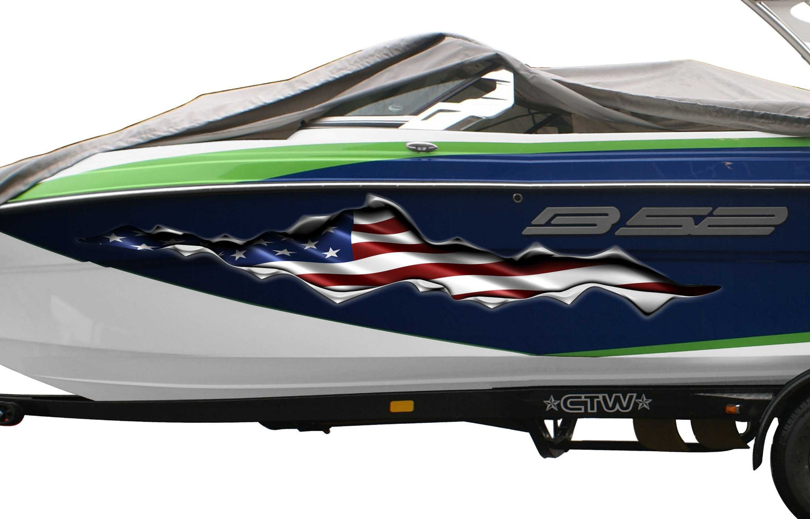 boat with large american flag vinyl graphicsl on it side