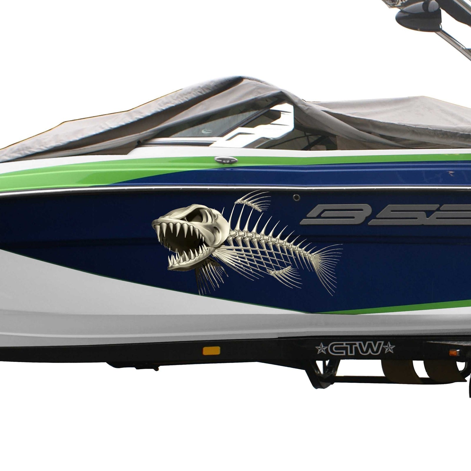 bone fish skeleton decal on the side of blue boat