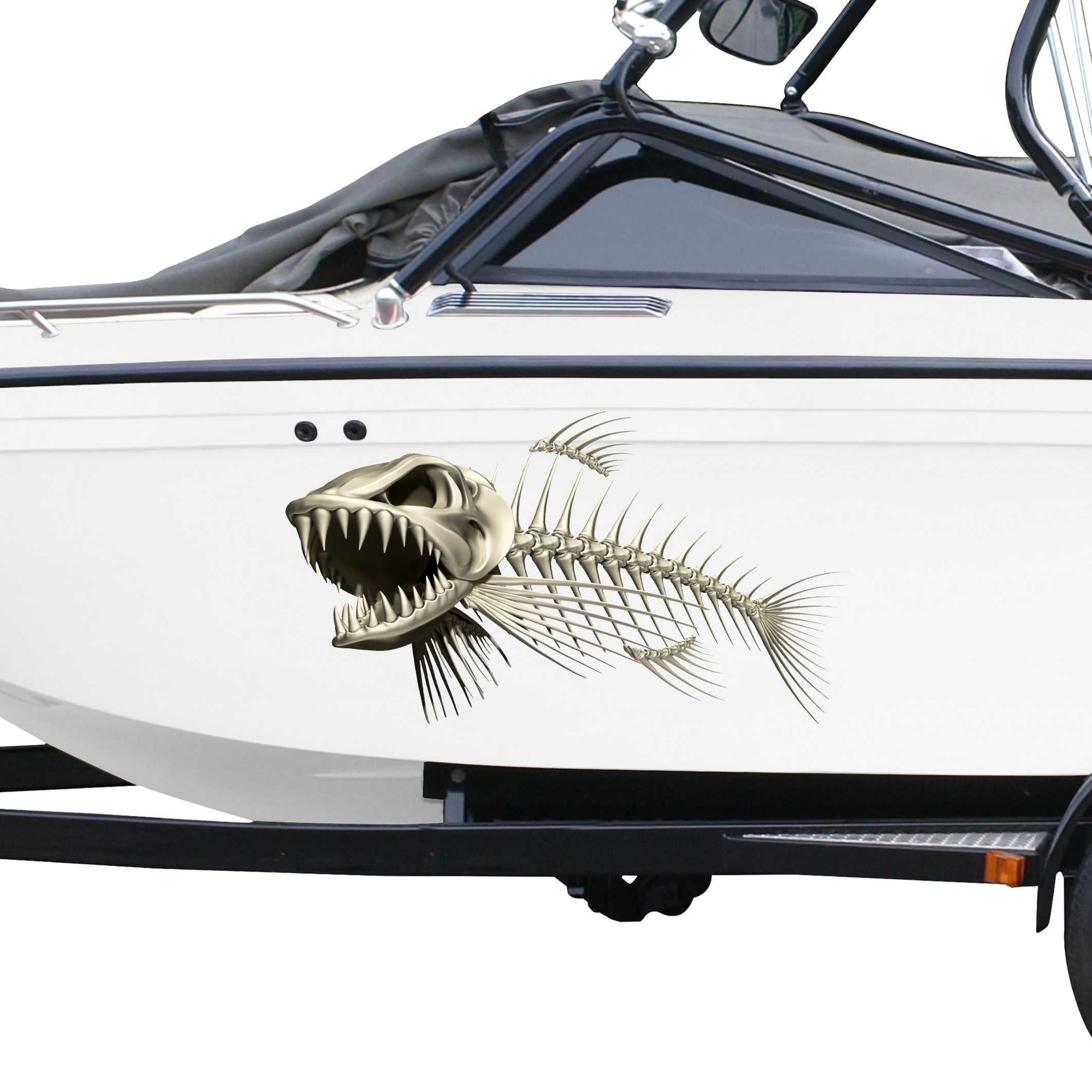 bone fish skeleton decal on the side of blue boat