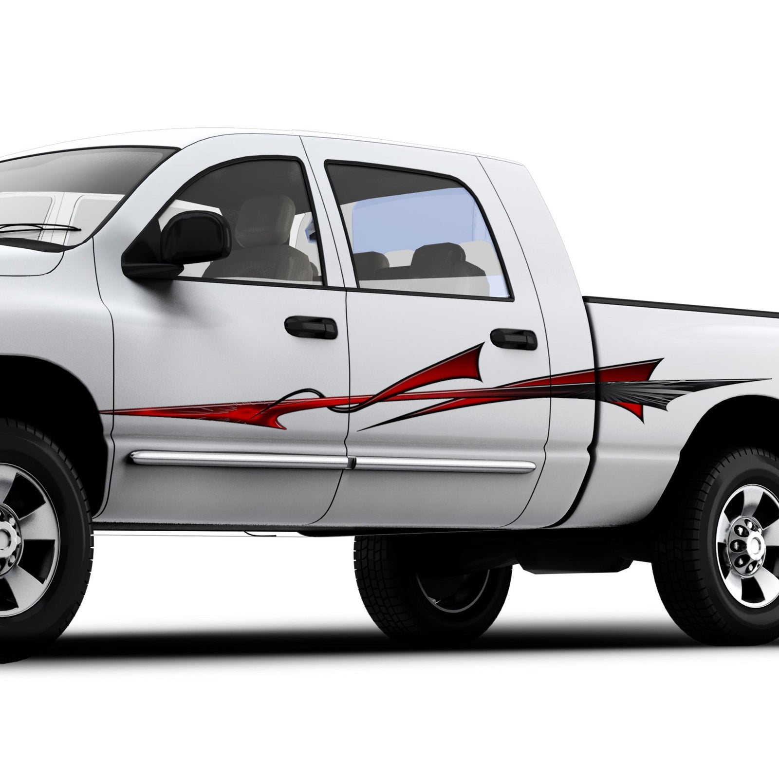 white pick up truck with red bora stripe decal on its side