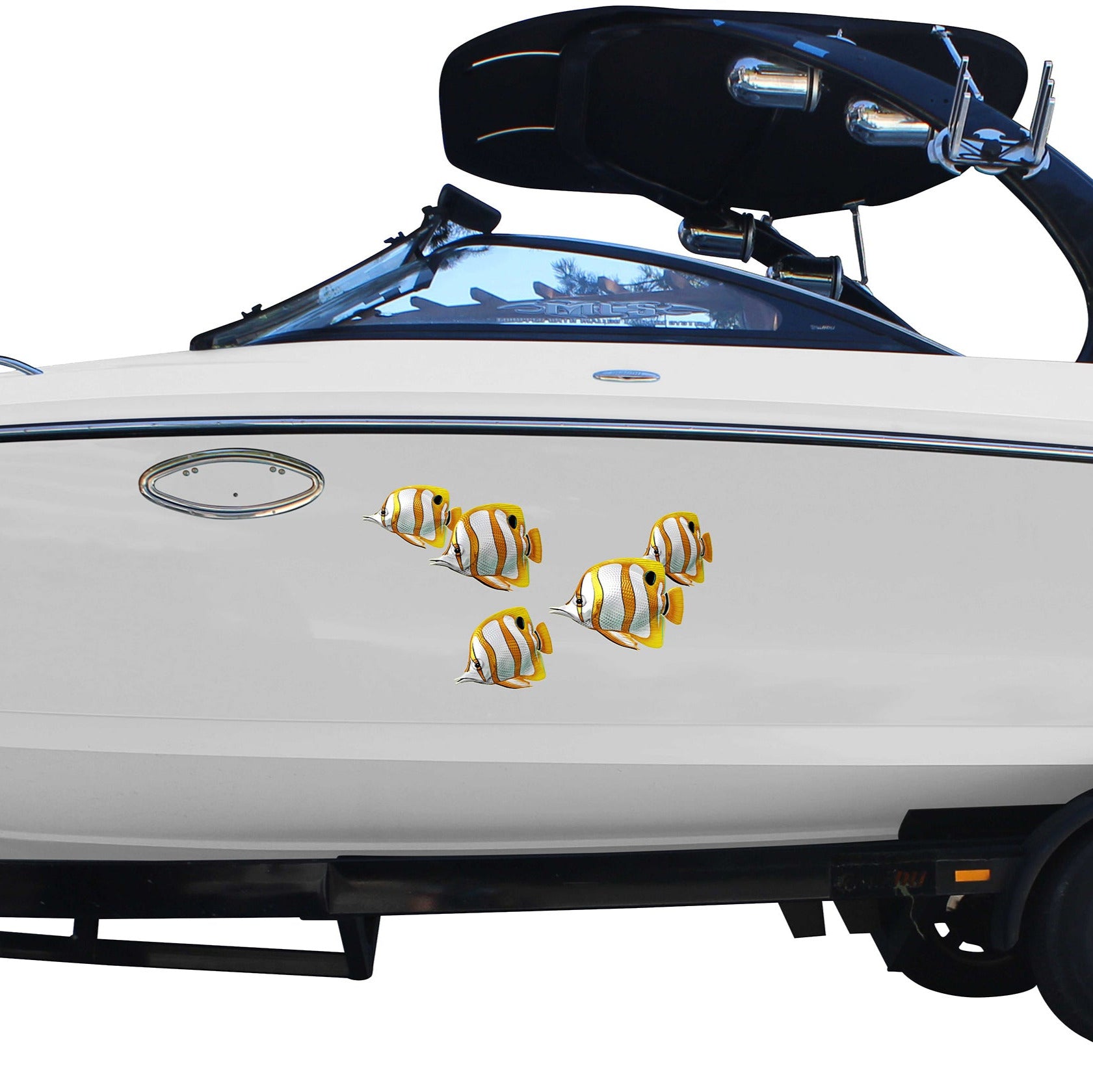 copperband butterfly fish vinyl graphics on the side of a blue boat
