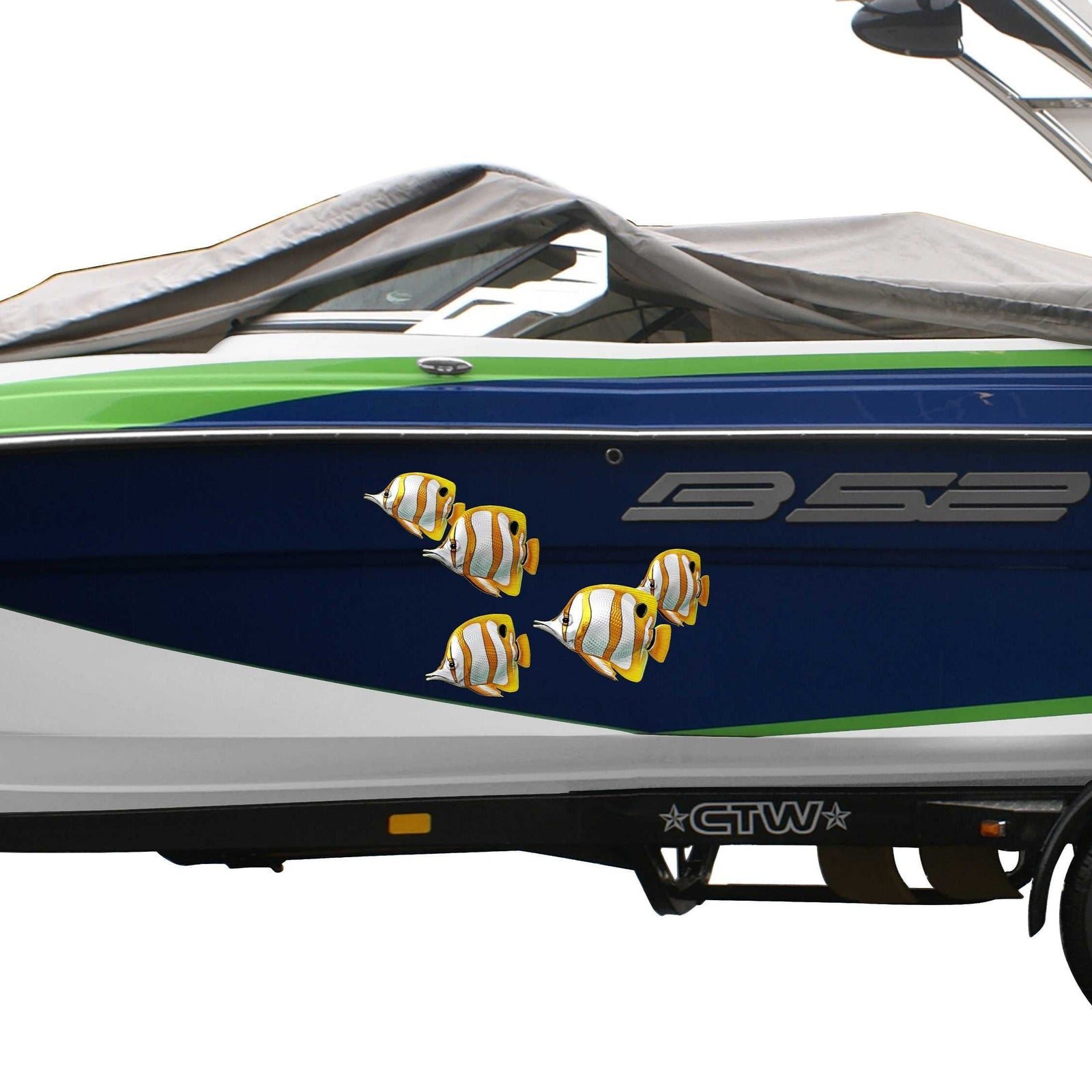 copperband butterfly fish vinyl graphics on the side of a blue boat