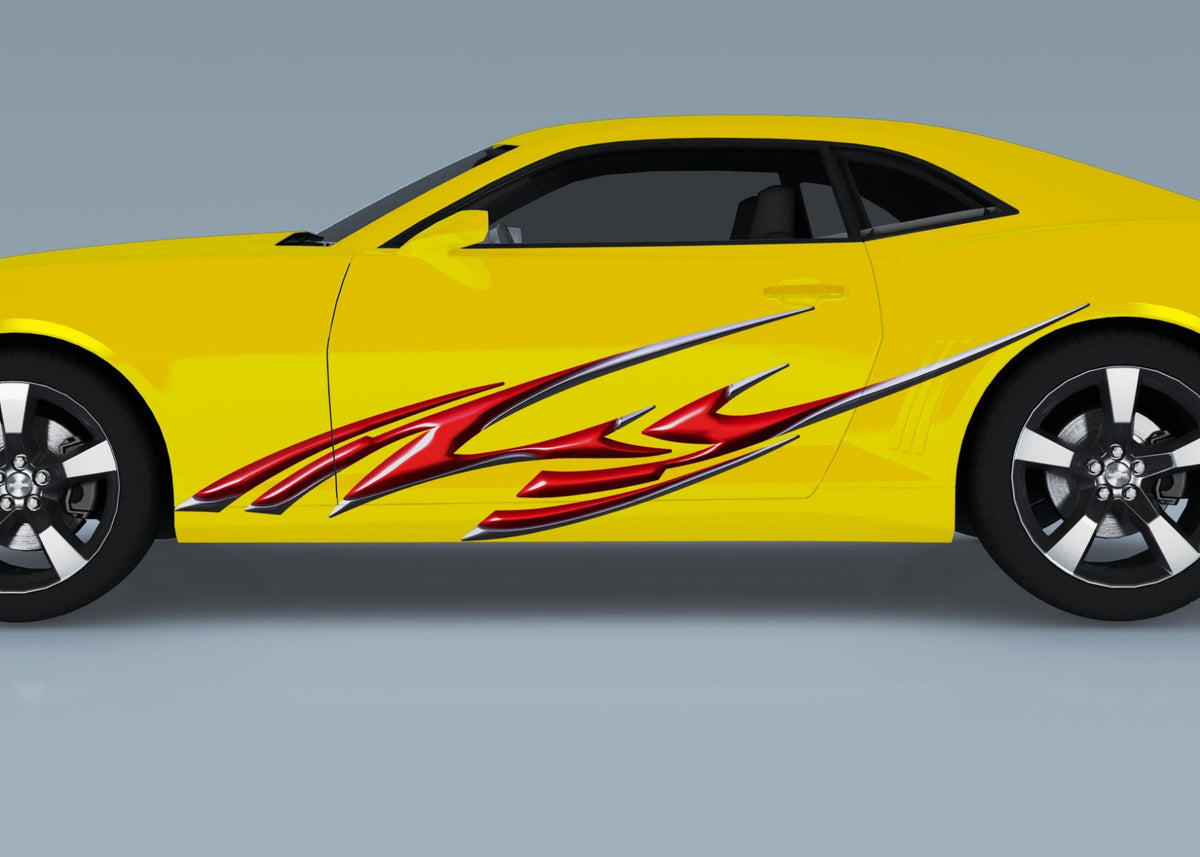 camaro sports car with red Aero spike vinyl decal on driver side
