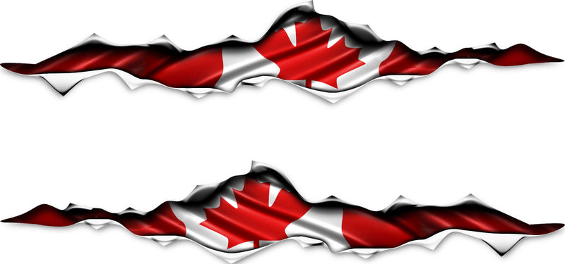 Two wavy canadian flags rip decals on a white background