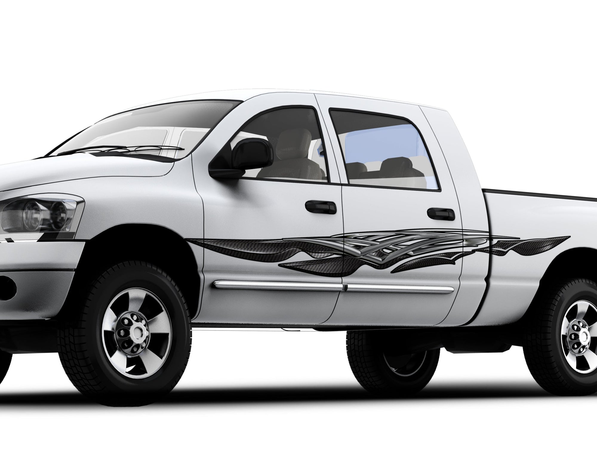 carbon fiber spear vinyl graphics on the side of white truck