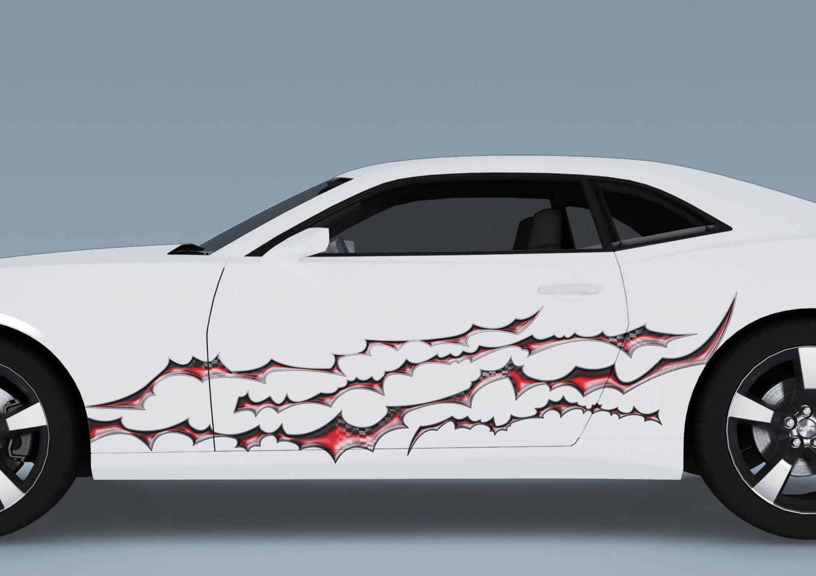 Checkered flag graphic decal stripes on the side of white camaro sports car