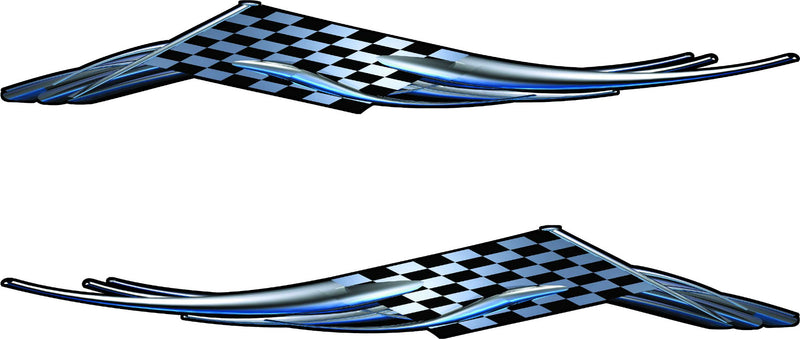 Mirrored pair of Checkered Flag Wing decals for driver and passenger sides with black and white checkered flag center