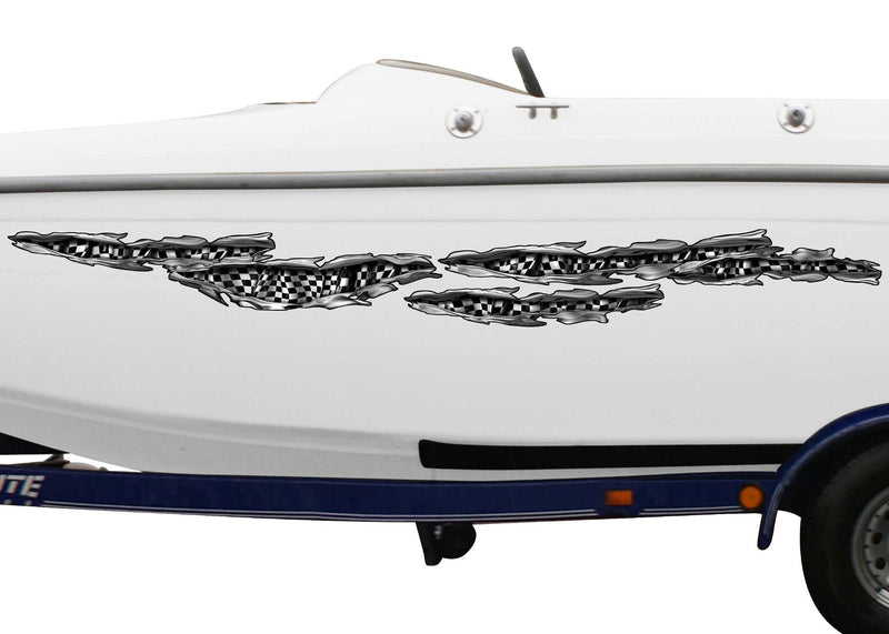 checkered flag chrome tears vinyl graphics on white boat port sider