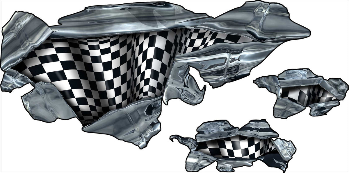 heckered flag tear hood decal set showing one large tear piece and two smaller tear pieces