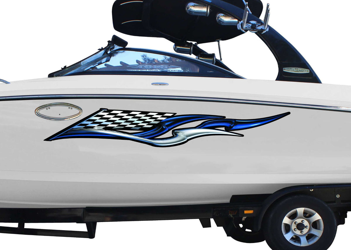 checkered racing wing vinyl graphics on white speed boat port side