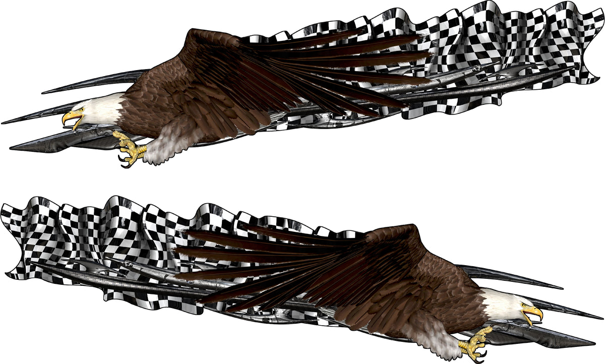 Two bald eagles with checkered flags in their talons on a white background