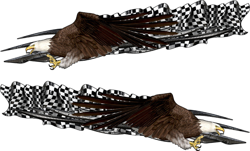 Two bald eagles with checkered flags in their talons on a white background