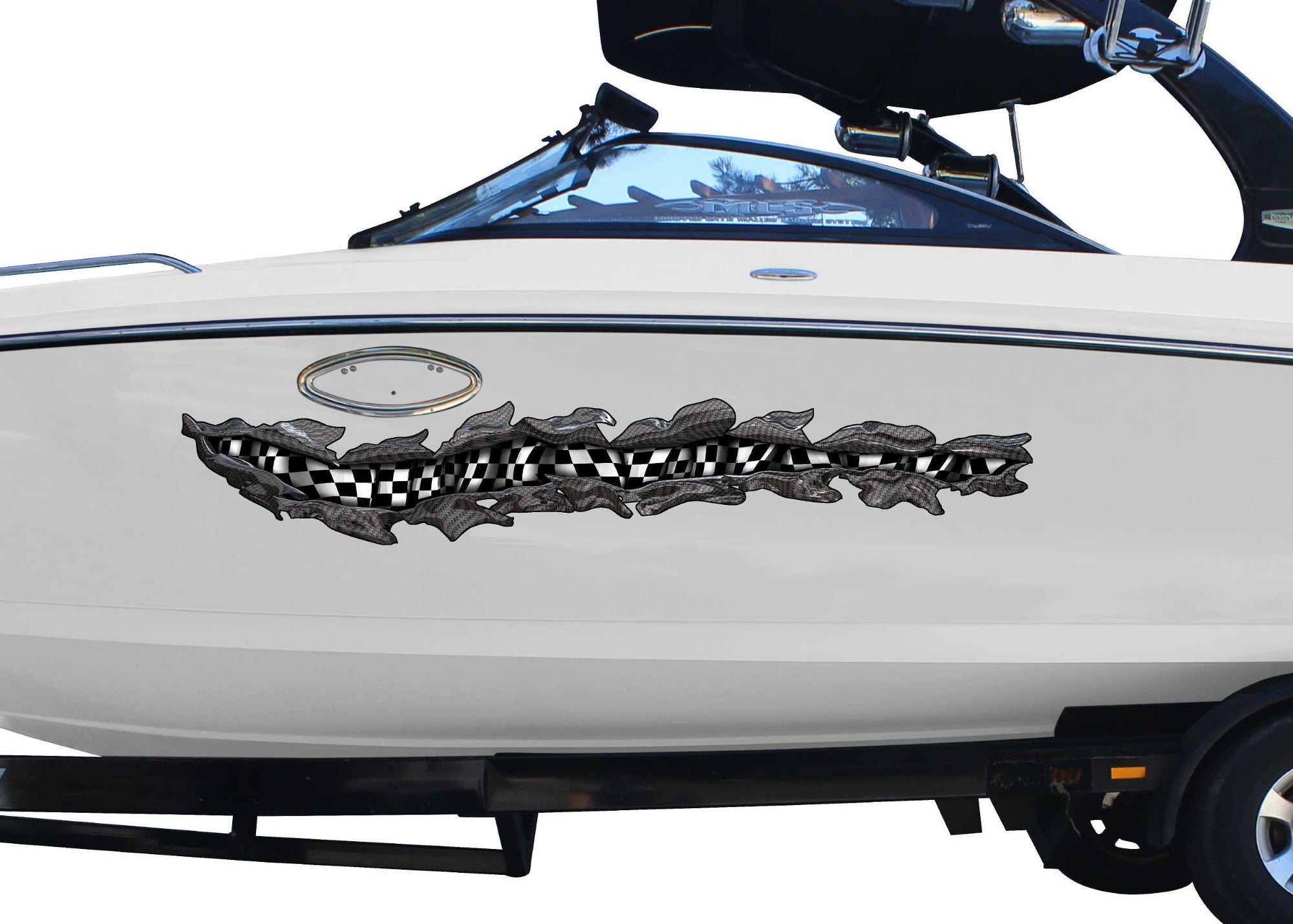 Curved Checkered Flag Tear Vinyl Boat Decals | Xtreme Digital GraphiX
