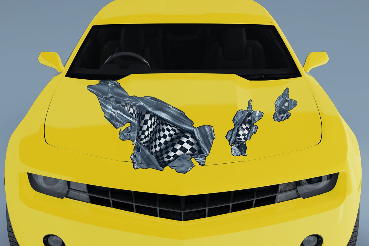 Checkered flag hood tear decal installed on yellow car hood with chrome ripped metal effect