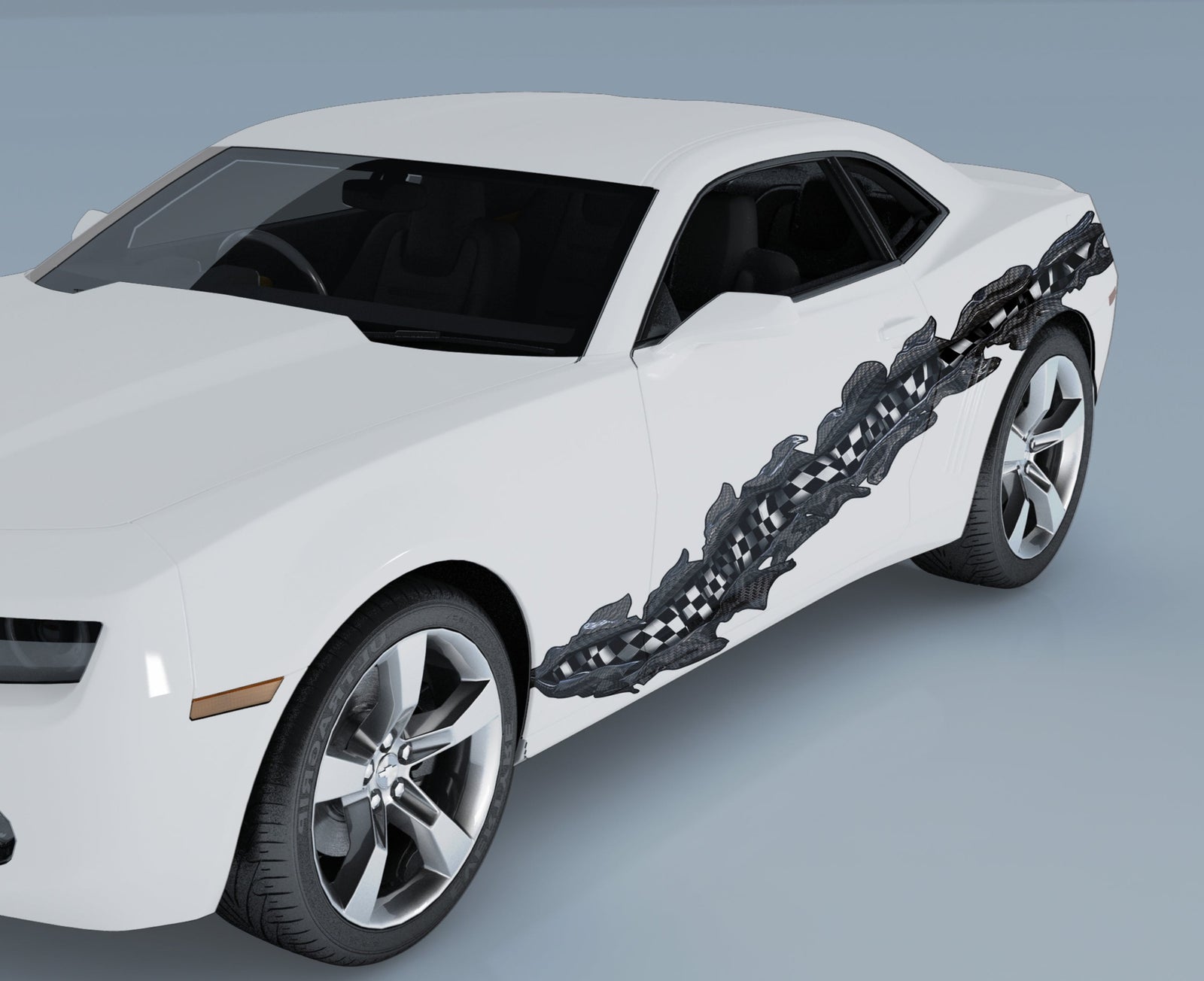 checkers rip graphics on the side of white mustang