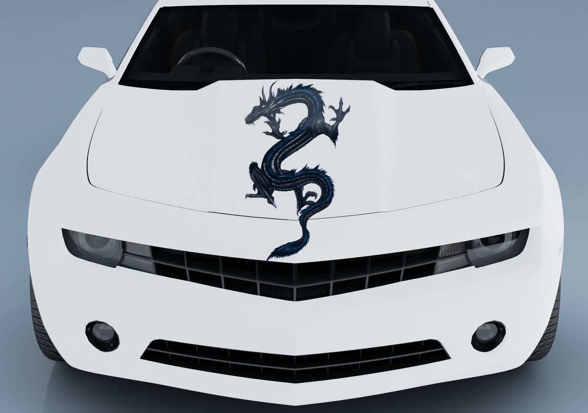 chevy camaro hood with dragon graphics on it