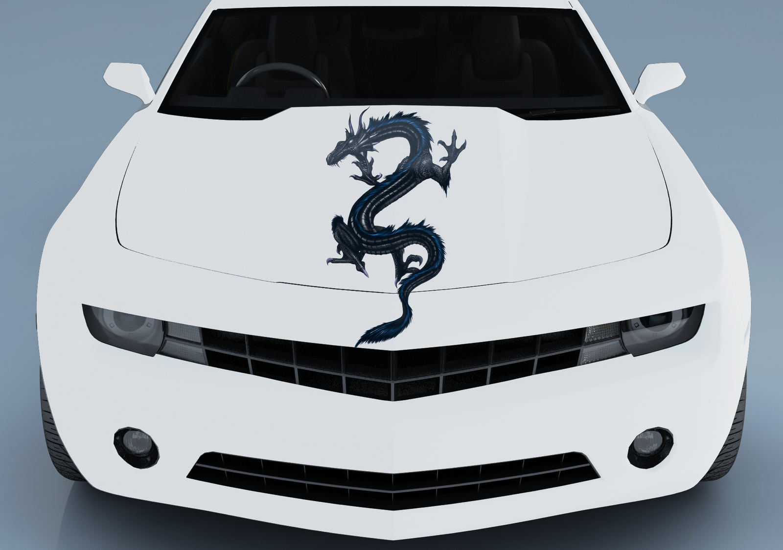 chevy camaro hood with dragon graphics on it