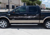 Black pickup truck with metal style tribal flames on driver side, parked on a street