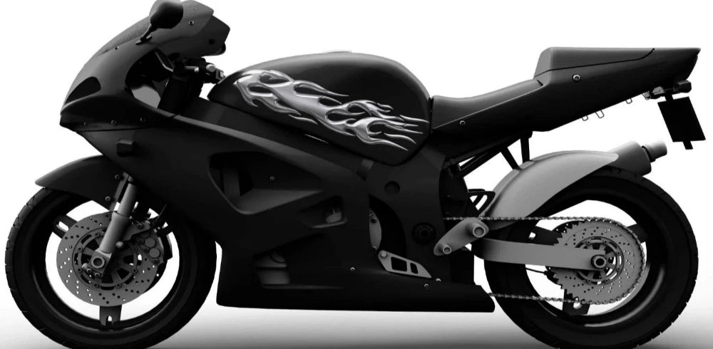 chrome flame vinyl graphics on the side of motorbike
