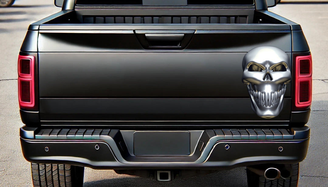 chrome skull decal on black car hood