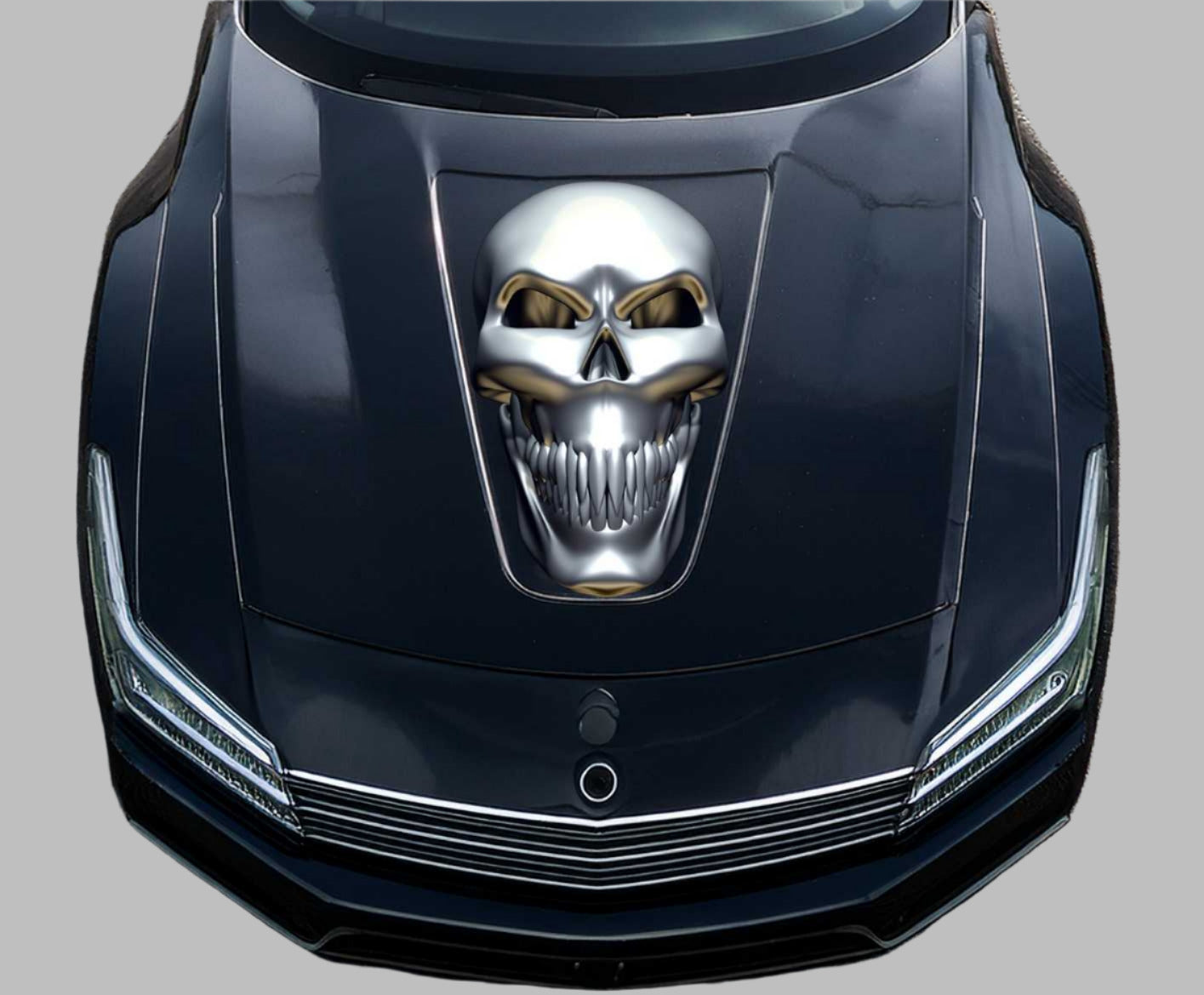 chrome skull decal on black car hood