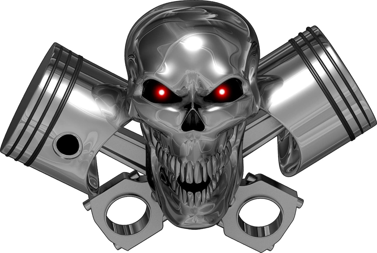 Skull decal with red eyes and mechanical pistons on a white background