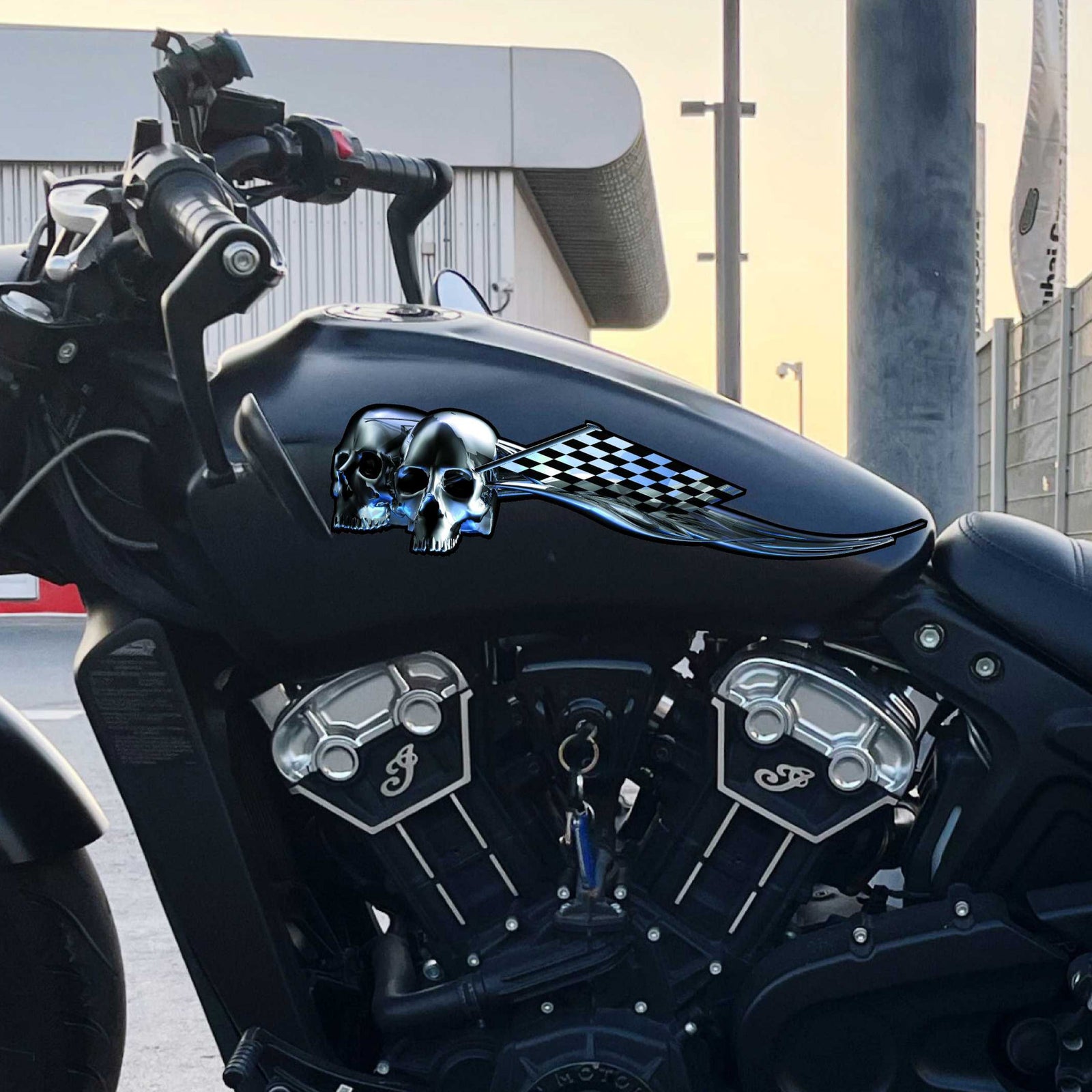chrome racing skulls decals on black motorcycle