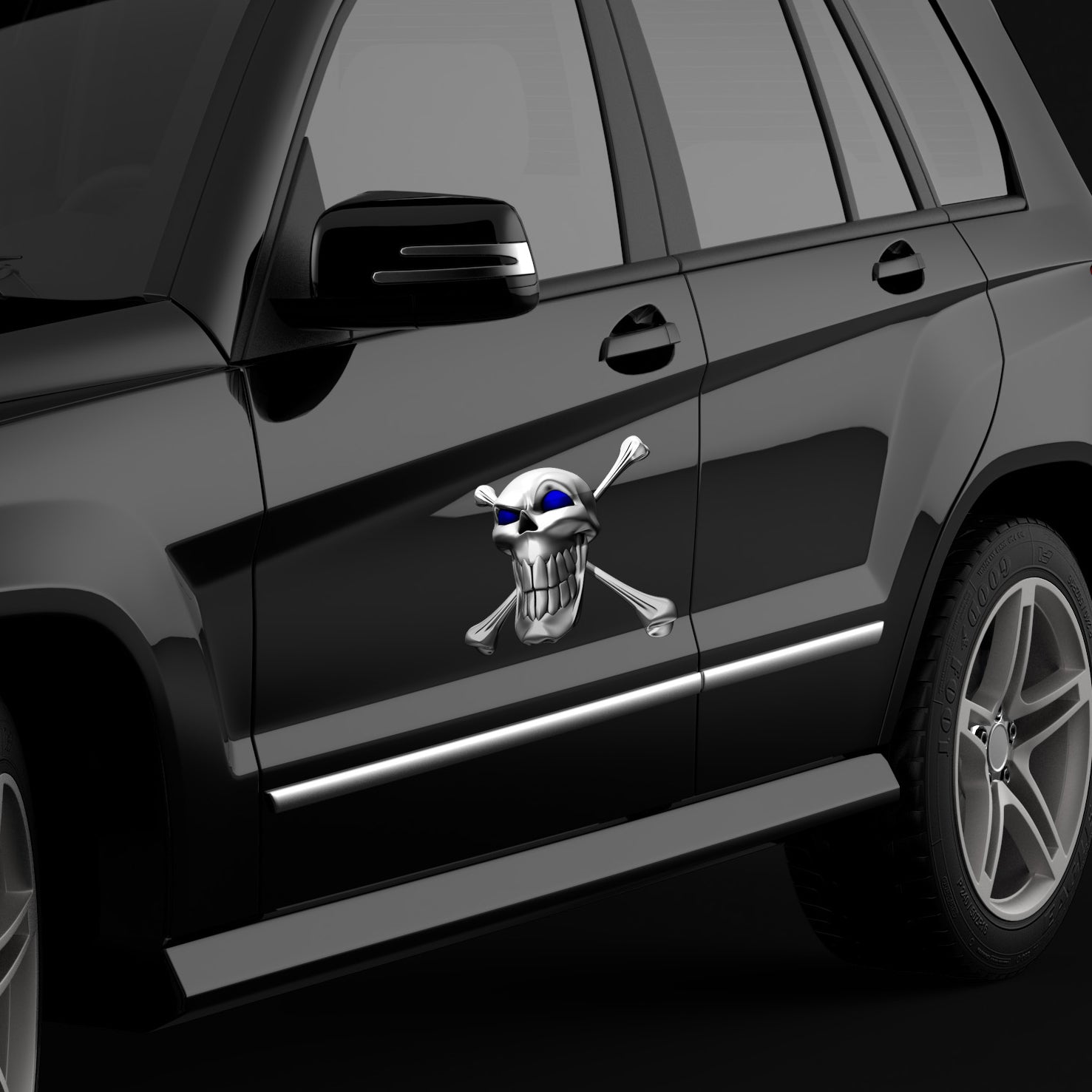 chrome skulls and bones decal on truck door