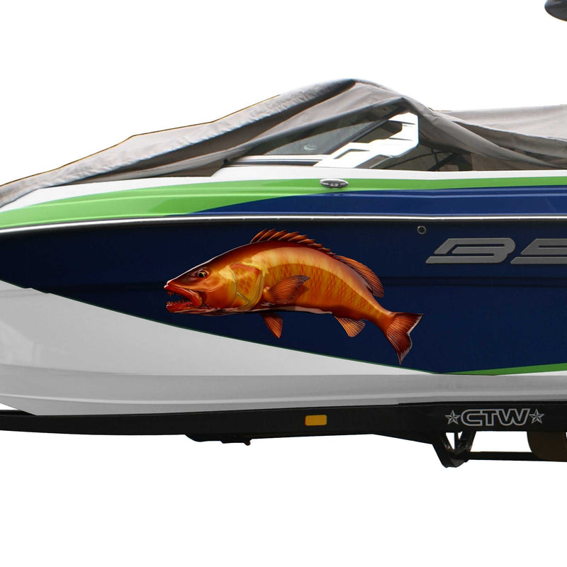 cubera snapper fish vinyl graphics on the side of boat with blue wrap