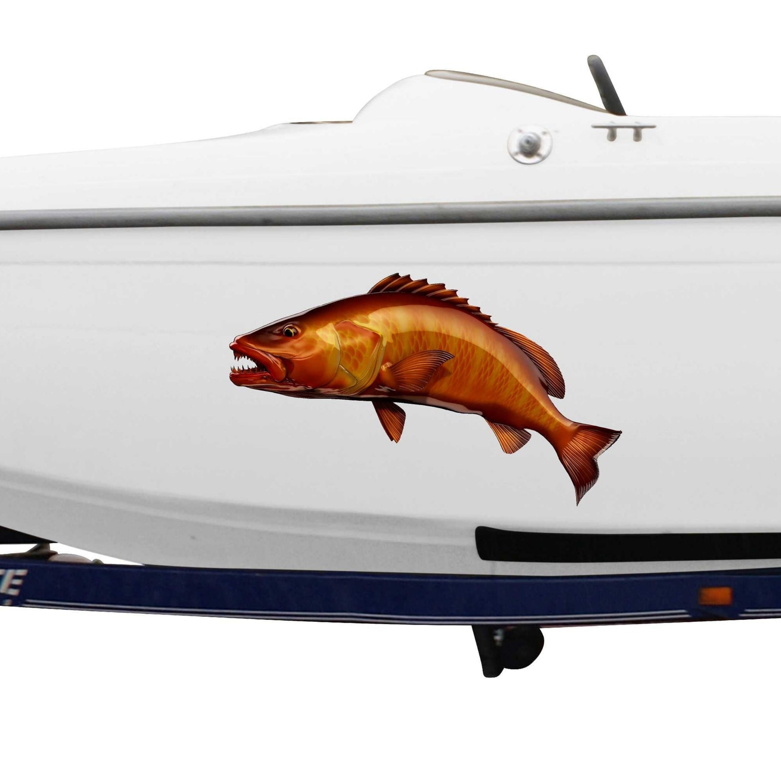 cubera snapper fish decal on the side of white boat