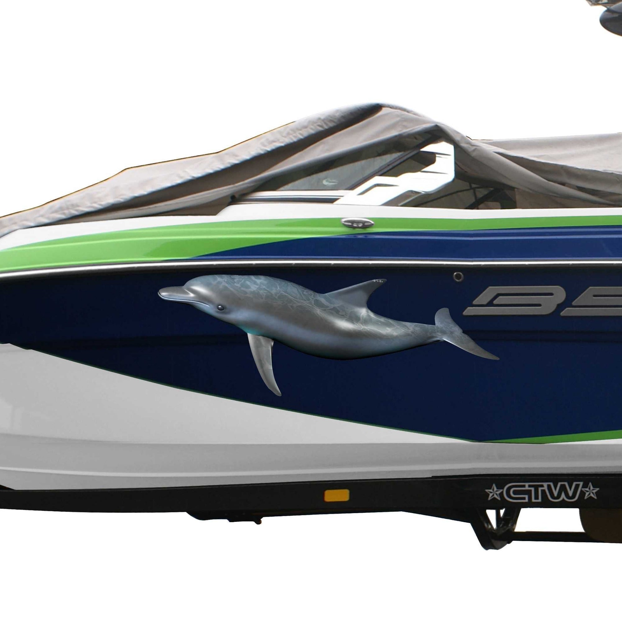 dolphin vinyl decal on the side of boat