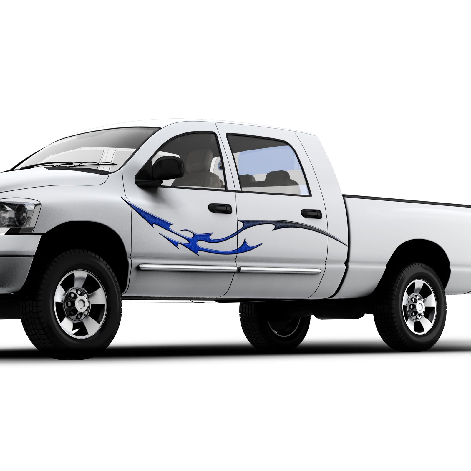 white pickup truck with dragon tail vinyl graphics on the side of it