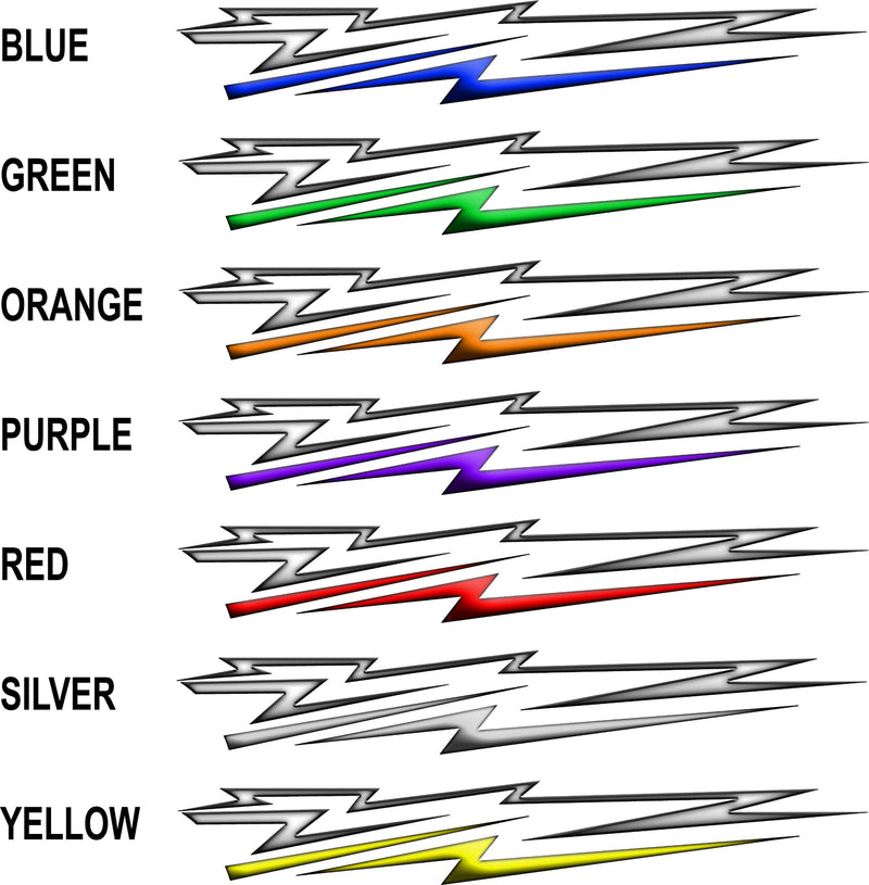 Set of lightning bolt decal designs in various colors on a white background