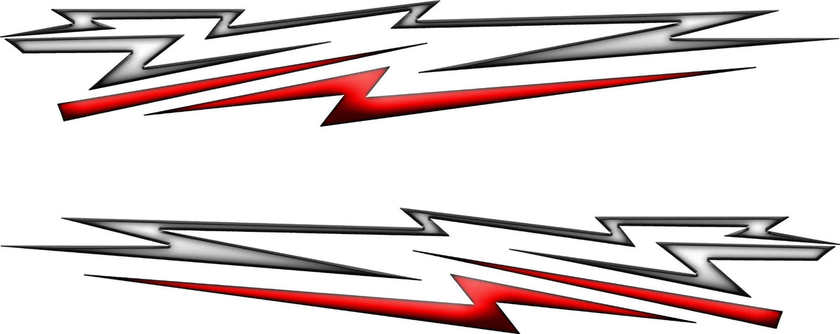 Two red and silver lightning bolt decal kit designs on a white background