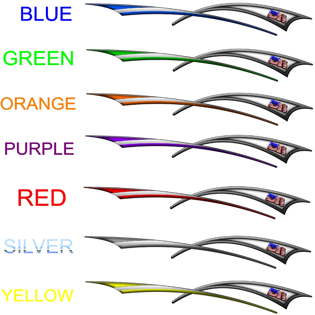 american flag stripes available colors , blue , green, orange, purple, red, silver, yellow