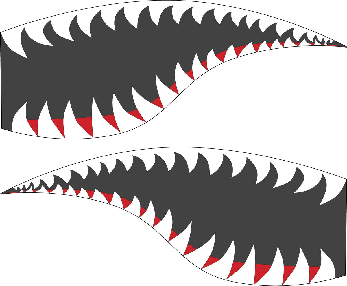 Fighter-jet shark-mouth teeth vinyl decal set, mirrored driver and passenger sides, classic red/white/charcoal