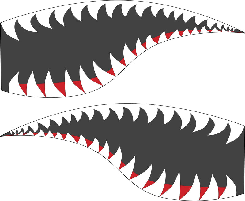 Fighter-jet shark-mouth teeth vinyl decal set, mirrored driver and passenger sides, classic red/white/charcoal
